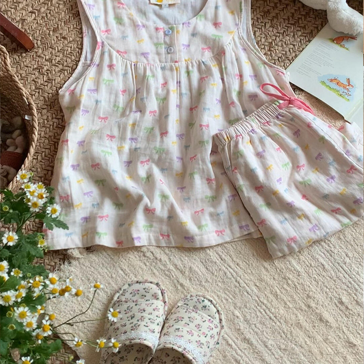 Sweet and Cute Little Girl's Bow Printed Vest Pajamas for Women 2025 Summer New Soft and Waxy Wearable Suit