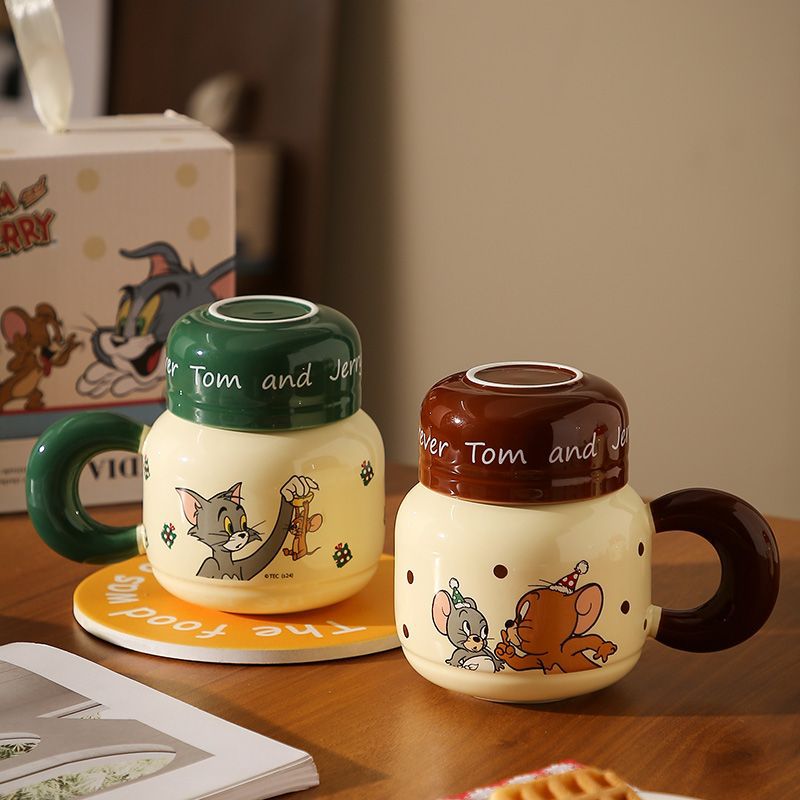 Cute gato y ratón hervidor de leche fufu taza de cerámica con cubierta taza de café para parejas de niños y niñas regalo de cumpleaños