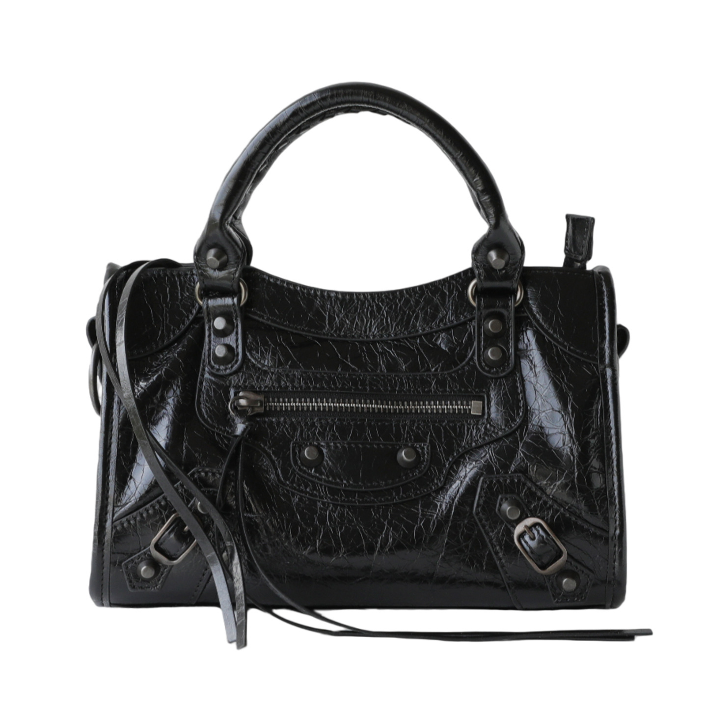 Classic Lecity Large Capacity Motorcycle Bag - Cracked Pattern Punk Studded Top Grain Cowhide Shoulder Handbag - Thumbnail 5