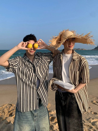 American Retro Striped Short-Sleeve Shirt Men's Summer Streetwear Brand High Street Casual Colorblock Knit Cardigan Sweatshirt