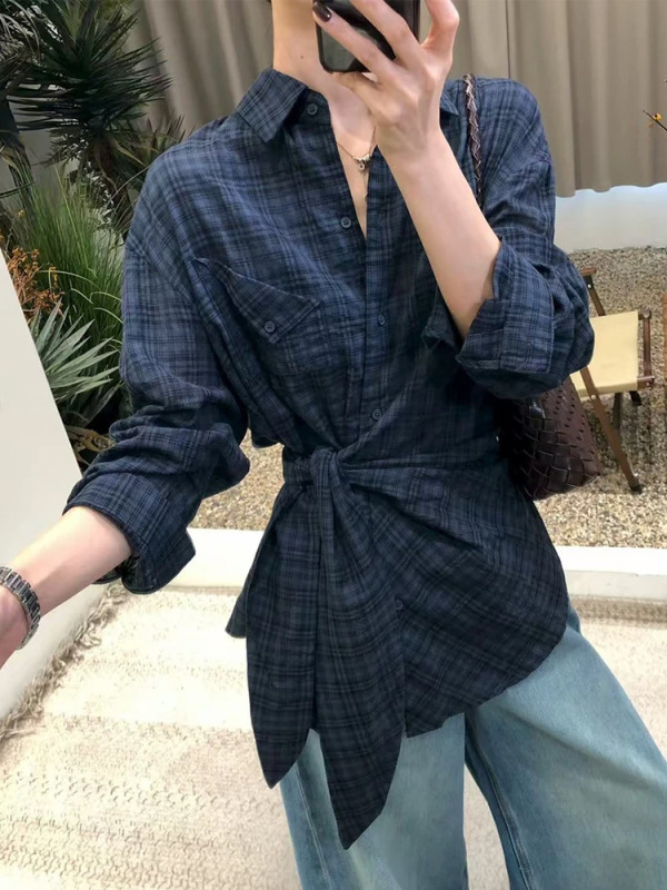 韩系复古长袖格子衬衫女秋季2025新款高级慵懒绑带收腰设计感上衣|undefined