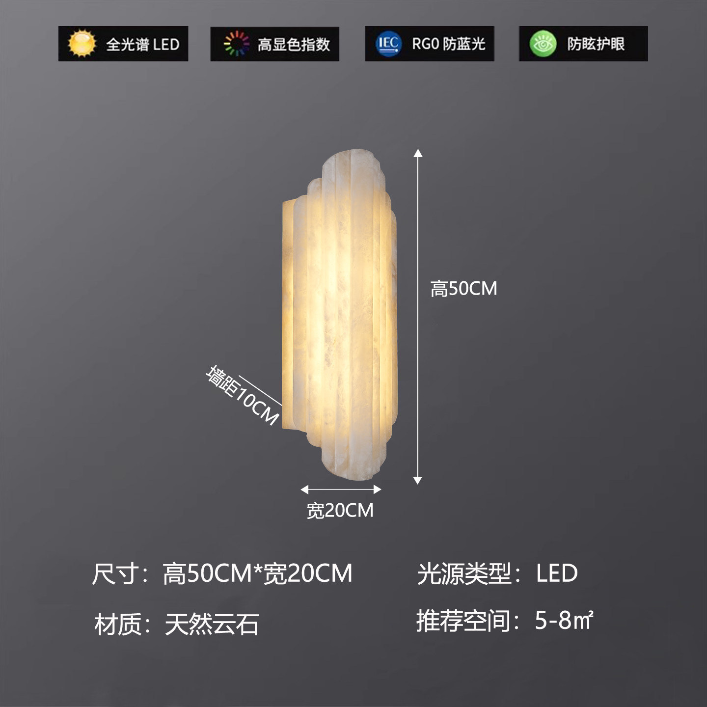 Aplique de Pared de Mármol Natural de Piedra Natural y Hierro, Iluminación Superior e Inferior, LED, para Dormitorio y Cabecera de Cama image 9