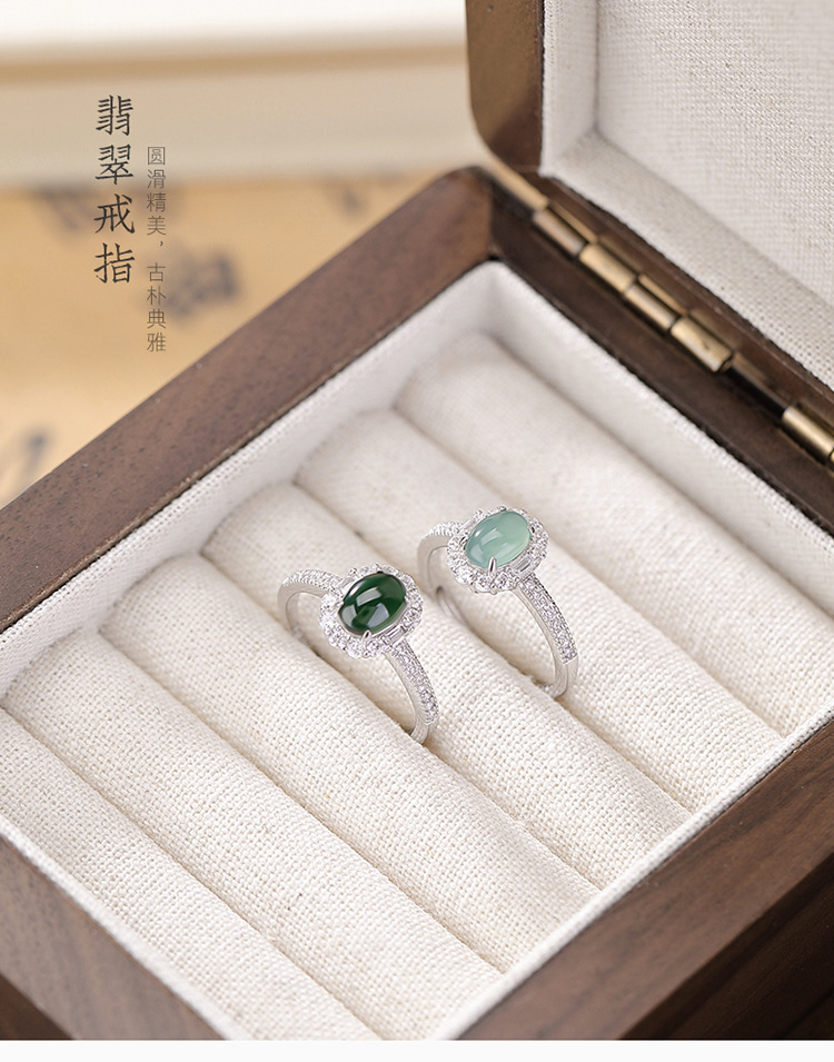 Nhẫn nữ bạc S925 mặt trứng ngọc bích xanh phong cách cổ điển — Mẫu ngọc bích nước xanh chi tiết 1