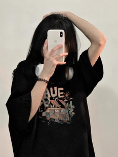 Black short-sleeved T-shirt for women 2025 new pure cotton summer design half-sleeved loose American lazy chic top