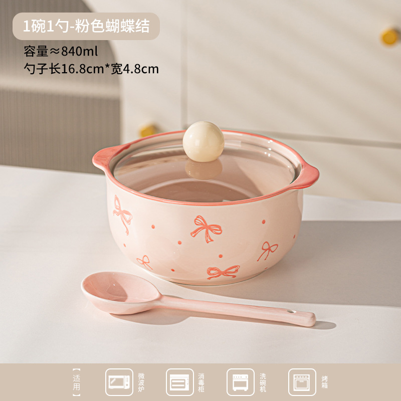 Tazón de fideos cerámicos de alto valor facial bajo esmalte de color doméstico dormitorio de estudiantes con taza de polvo de caracol con cubierta de gran capacidad de taza de fideos de orejas