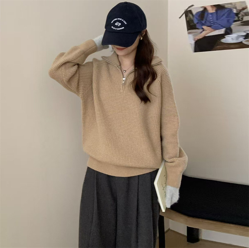 设计感高领半拉链华夫格针织衫上衣女秋冬新款气质宽松套头毛衣女|undefined