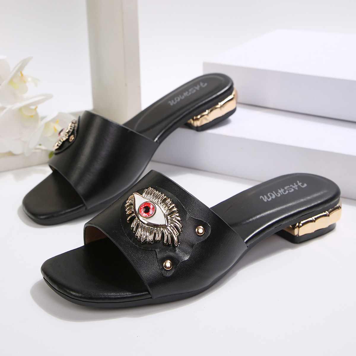 Moda y cómoda de mujer sandalias de tacones altos de cabeza cuadrada, sandalias de mujer temperamento universal de decoración metálica, sandalias de cabeza cuadrada