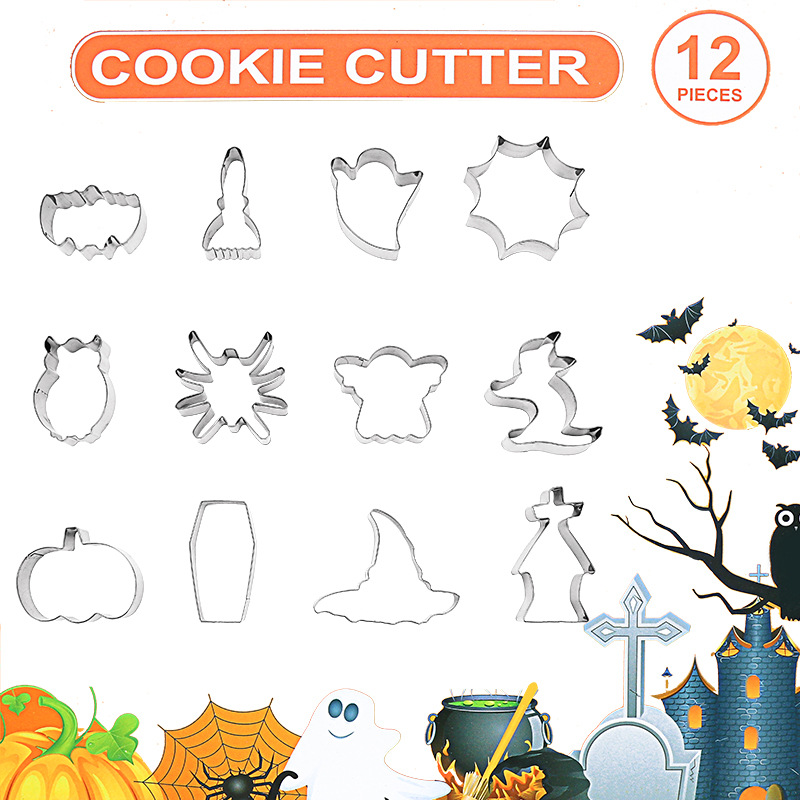 12-delt Halloween-kageformsæt, sælgende spøgelseskost, rustfri stål-kageform, kageform, bageværktøjer, gør-det-selv_voghion.com