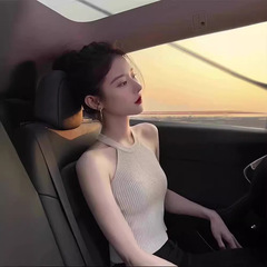 女性用フレンチホルターネックI字ニットサスペンダー、春と秋のインナーショルダートップ、甘くてスパイシーなベスト、スリムフィットノースリーブアウターウェア
