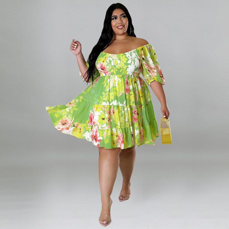 Plus Size Off Shoulder Floral Dress With Puff Sleeves, Flowy Swing Midi Dress For Women_ecoleips.com