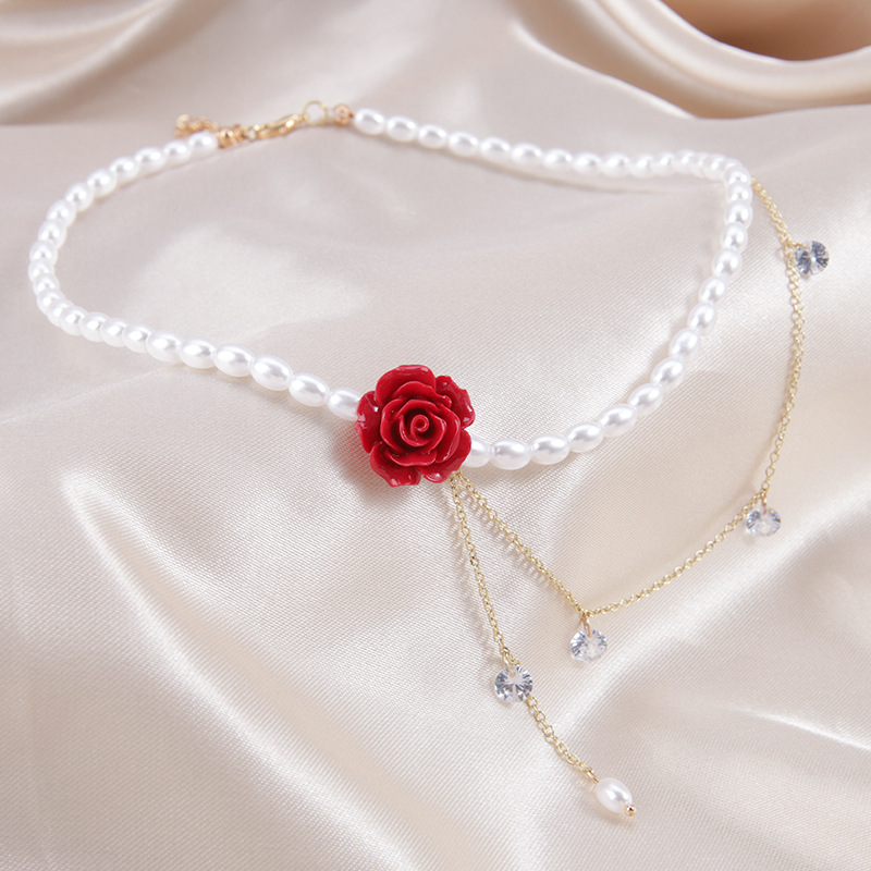 1 Piece Quantity Sweet Rose Flower Rhinestones Imitation Pearl Alloy Choker Wholesale