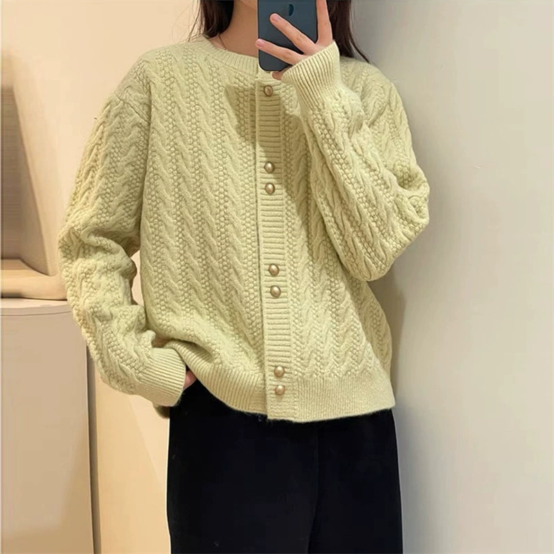 Корейский винтажный маленький золотой вязаный кардиган женский 2024 осень-зима новый свободный круглый воротник мягкий клейкий свитер куртка
