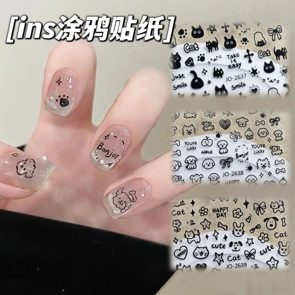 New Ins Popular Cat Stickers Manicure Black and White Popular Cute Cartoon Cat Kitten Adhesive Manicure Stickers