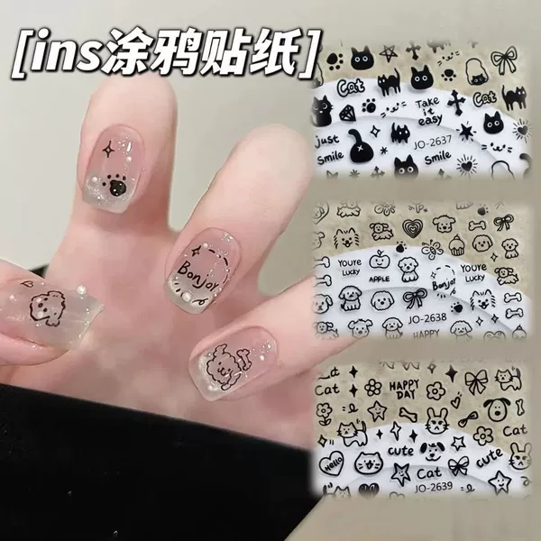 New Ins Popular Cat Stickers Manicure Black and White Popular Cute Cartoon Cat Kitten Adhesive Manicure Stickers