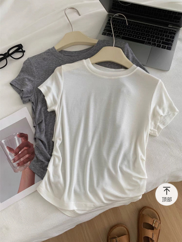 テンセルウールピンチプリーツラウンドネック半袖Tシャツレディース右肩ウエストショートトップドレープ薄手通気性スモールウエストT|undefined