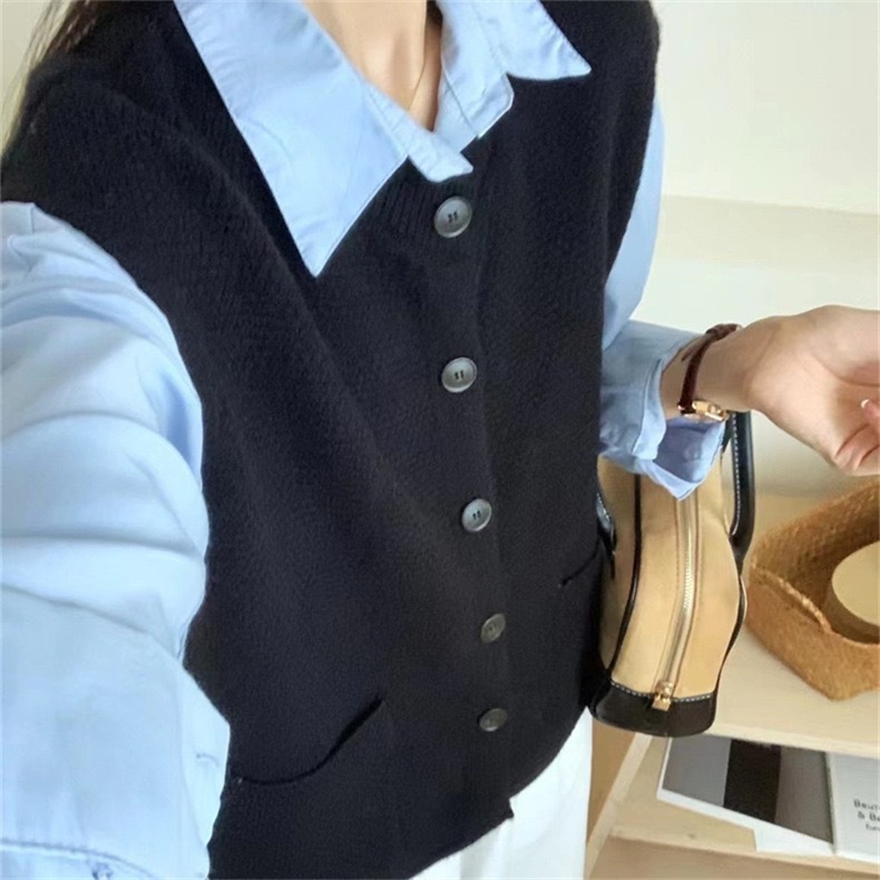 韩版简约针织马甲女秋冬新款宽松气质口袋背心外搭无袖毛衣开衫|undefined