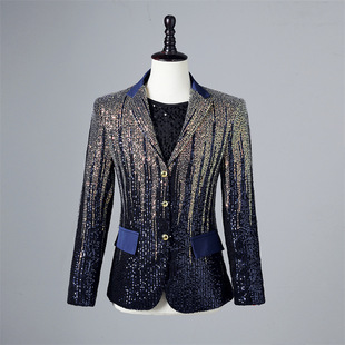 Cross-Border Men's Gradient Blue Sequin Notch Lapel Casual Blazer Dj Singer Shiny Prom Dress Korean Version