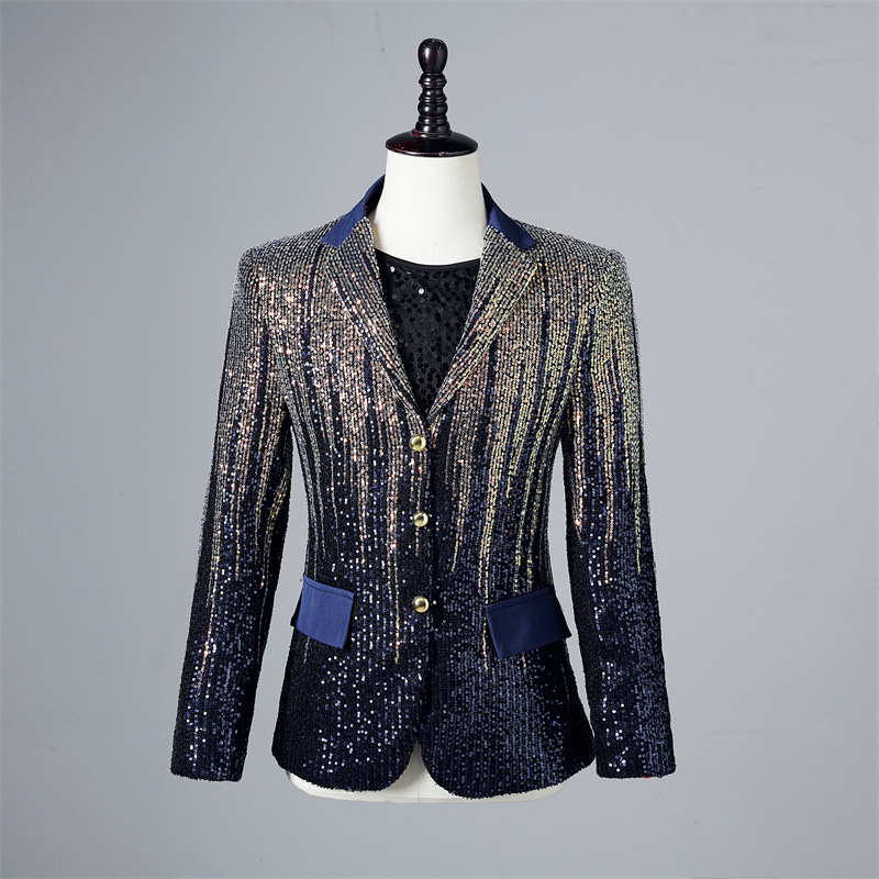 Cross-Border Men's Gradient Blue Sequin Notch Lapel Casual Blazer Dj Singer Shiny Prom Dress Korean Version