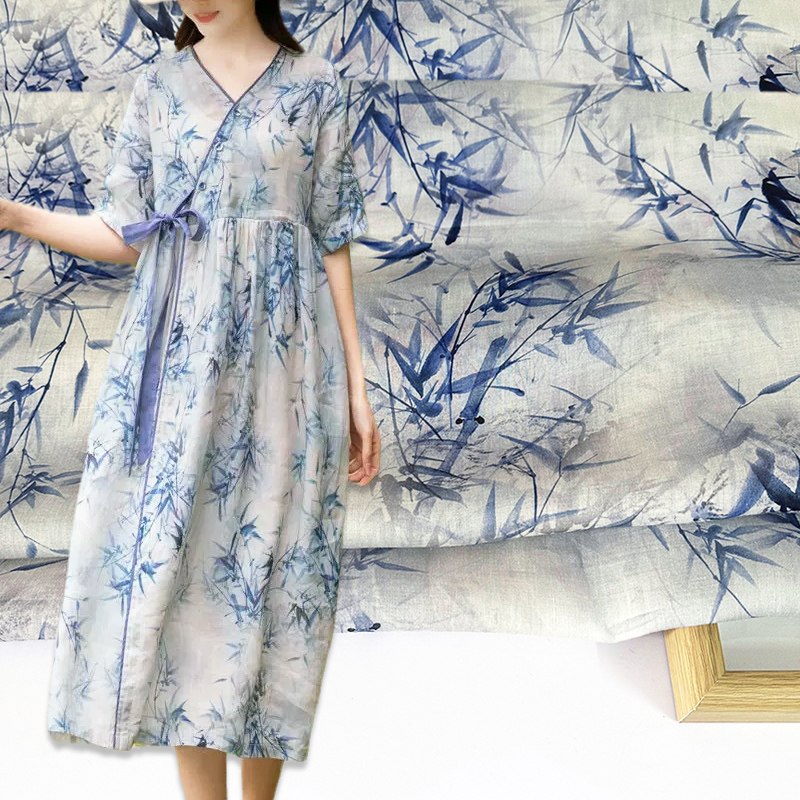 高支纯苎麻布料薄数码印花棉麻亚麻布夏季连衣裙衬衫服装面料