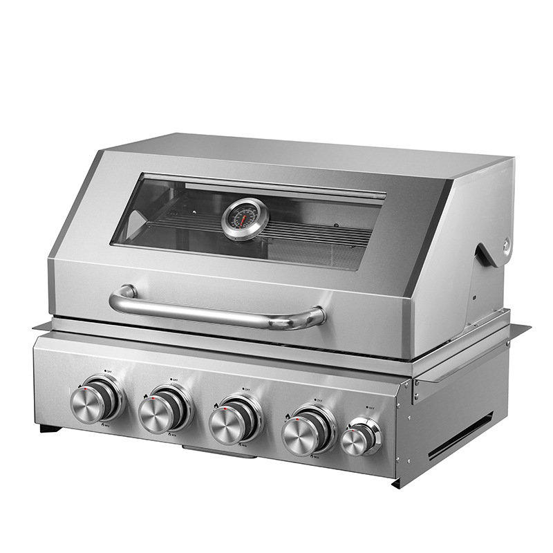 Directo de fábrica de acero inoxidable incrustado Parrilla de barbacoa al aire libre Villa humo barbacoa parrilla estufa de cuatro cabezas cubierta superior ventana de vidrio