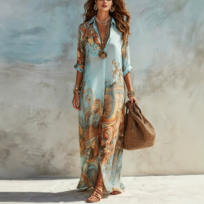 2026 European and American Amazon Cross-Border Foreign Trade New Digital Print Fresh Retro Flowing Women's Elegant Dress 2026 European and American Amazon Cross-Border Foreign Trade New Digital Print Fresh Retro Flowing Women's Elegant Dress