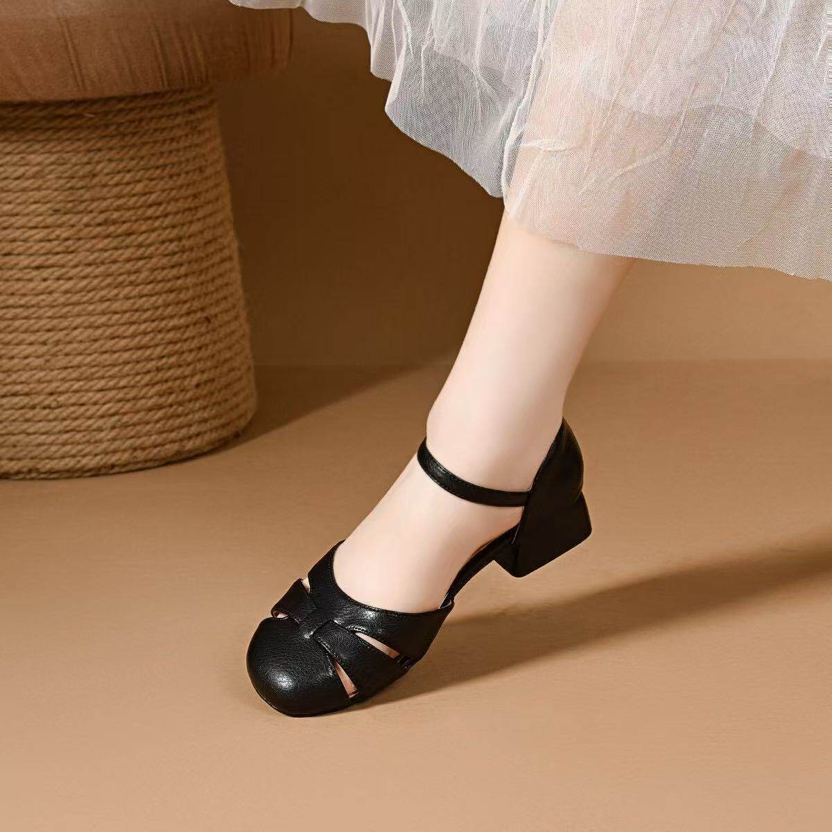 Sandal nữ da thật mũi kín gót thấp đế mềm phong cách cơ bản — màu đen chi tiết 6