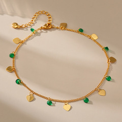 時尚新品銅鏈保色腳鏈鍍金單層鏈條簡約桃心吊墜綠珠子民族風足鏈