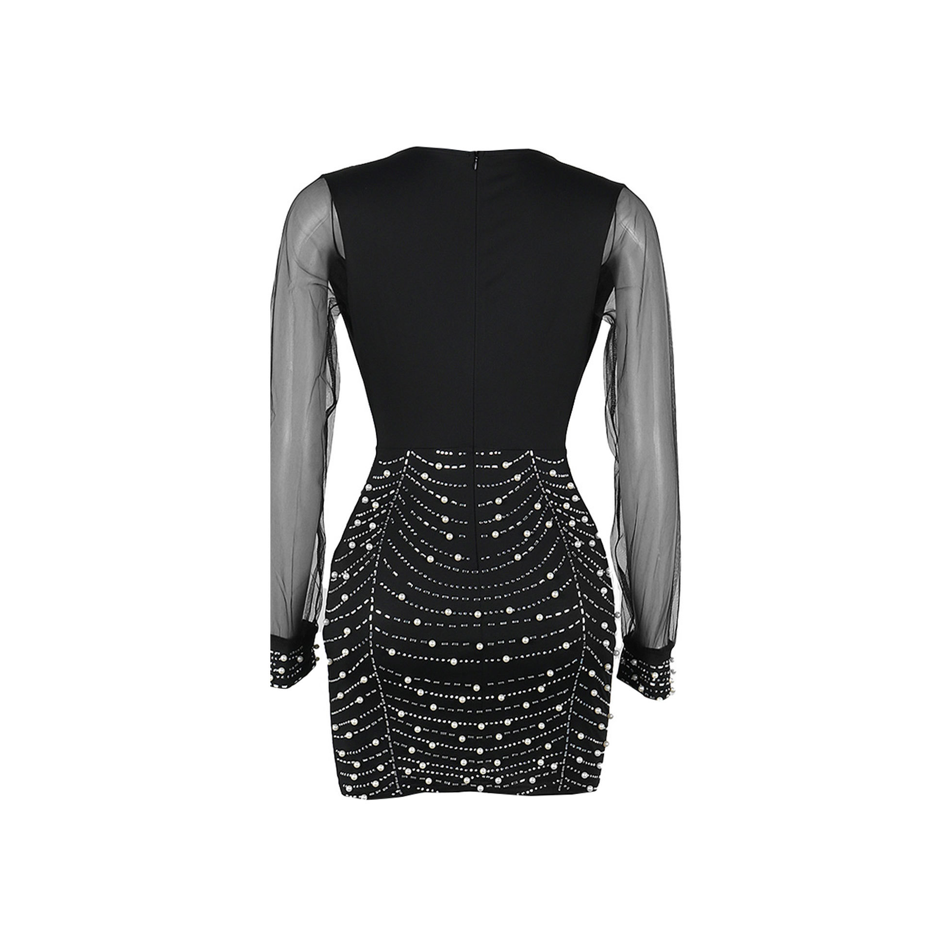 Sexy Drilling V neck Stitching See through Sleeve Hip Stretch Dress