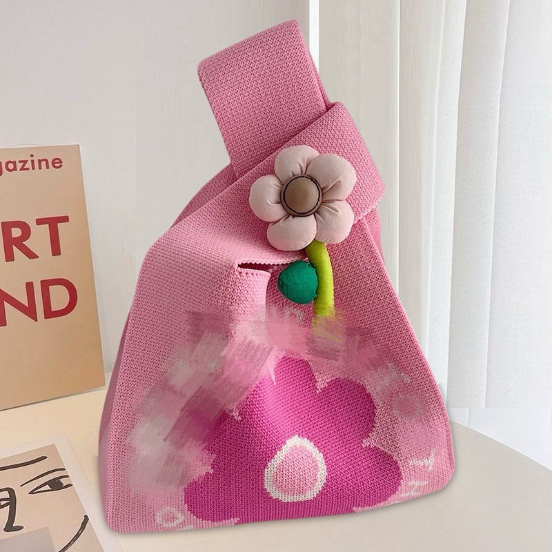 Cute knitted capacious bag, flowered, Birthday gift