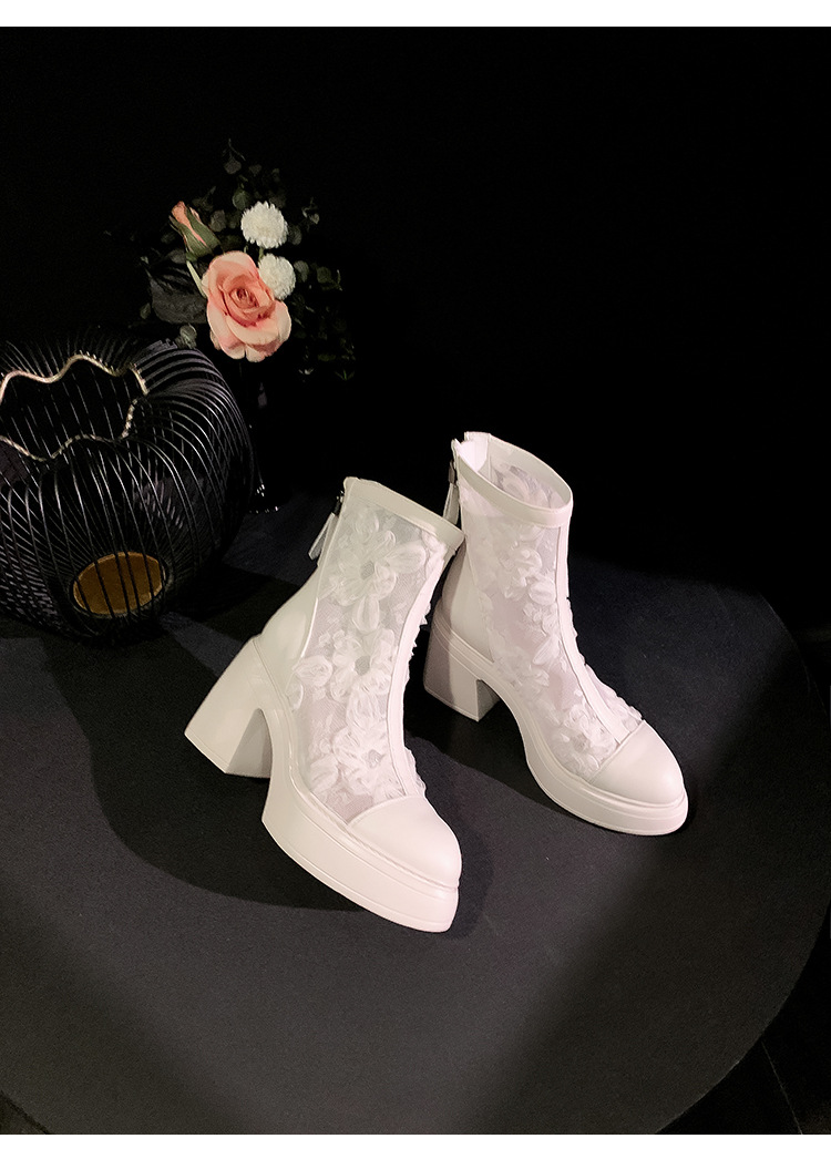Boot nữ cổ thấp họa tiết ren hoa, gót cao 9 cm, mũi nhọn lưới thoáng khí — màu đen, màu trắng ngà chi tiết 17