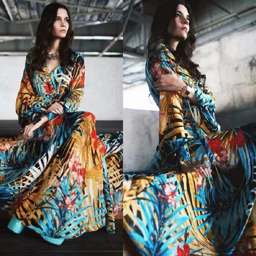 Floral Print Maxi Dress Lantern Sleeves Sexy V Neck Leaf Pattern Spring Summer Fashion Wholesale Available