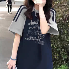 美式复古三条杠插肩短袖t恤女大童夏装2026初中高中学生宽松上衣