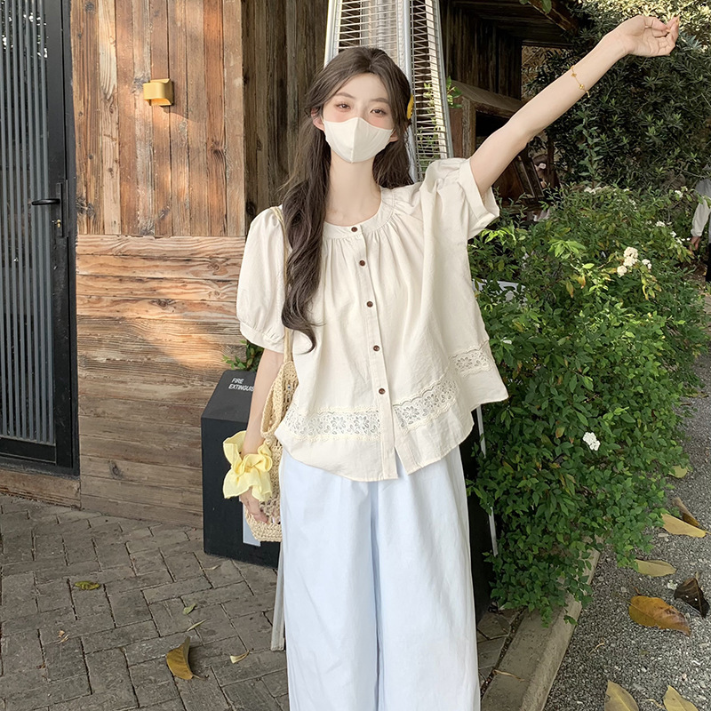 Casual French-Style Puff-Sleeve Linen Top for Women, Summer New 2026 Short Babydoll Shirt Short-Sleeve Shirt A4961