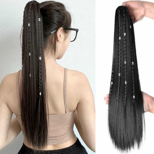 New Chinese Hanfu Wig Women's Grasp Clip Silver Buckle Braid High Ponytail Long Straight Hair Simulation Antique Small Braid Straight Ponytail