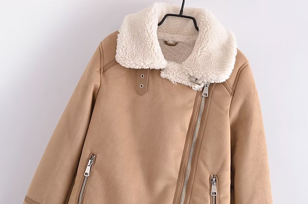 chaqueta cálida con solapa de manga larga de color sólido con cremallera NSYXB139788