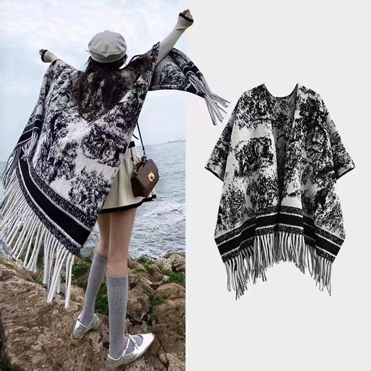 秋冬新款水墨画复古时尚高级感披肩外搭女仿羊绒加厚保暖披风围巾|undefined