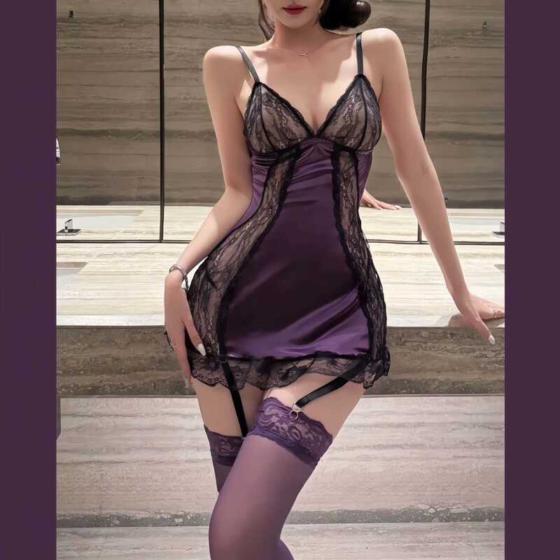Spice Girl Purple Sexy Lace Sling Nightgown Ruffled Sexy Lingerie Fat Sister Late Night Charm