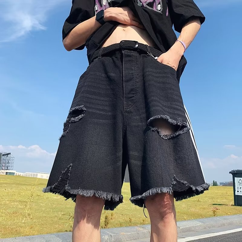 Summer Thin Ripped Burr Denim Shorts Men's Beach Pants Loose Fashionable Casual Half-length Pants All-match Black Summer Thin Ripped Burr Denim Shorts Men's Beach Pants Loose Fashionable Casual Half-length Pants All-match Black