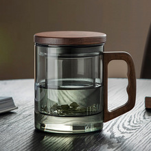 玻璃杯 耐热透黑高硼硅玻璃过滤茶水分离办公杯 侧木把玻璃三件杯