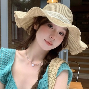 Lace Straw Sun Hat Women's Big Brim Summer Breathable Straw Hat Seaside Covering Full Face Sunshade Sunscreen Hat Trendy