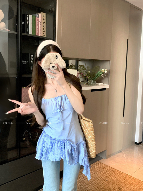 甘いホットガールデザインレーススプライシングキャミソール女性の夏の新しいニッチ不規則な痩身トップ|undefined
