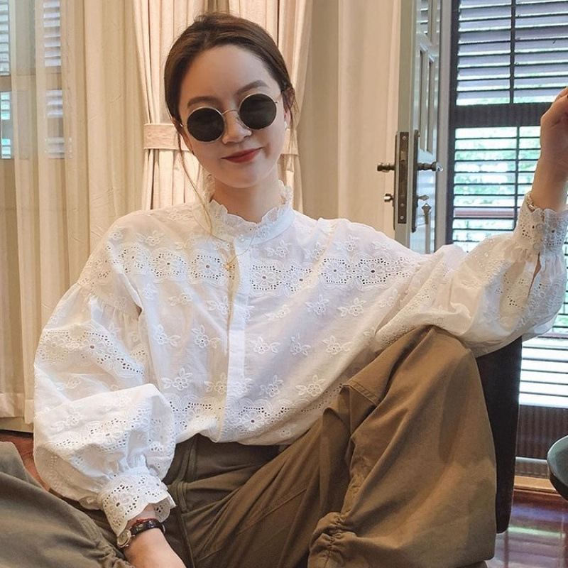 French Romantic Lace Cut Out Embroidered Shirt for Women 2024 Autum Loose Slimming Look Elegant Versatile Long-Sleeved Top