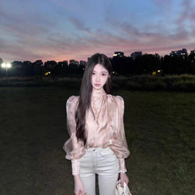 TZ7108法式温柔风粉色系带蝴蝶结欧根纱长袖衬衫女气质通勤上衣