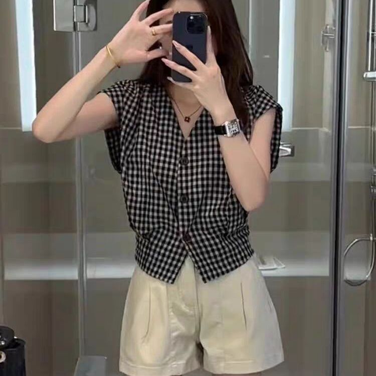短款复古港风无袖格子衬衫上衣女夏季新款小个子马甲背心显瘦小衫|undefined