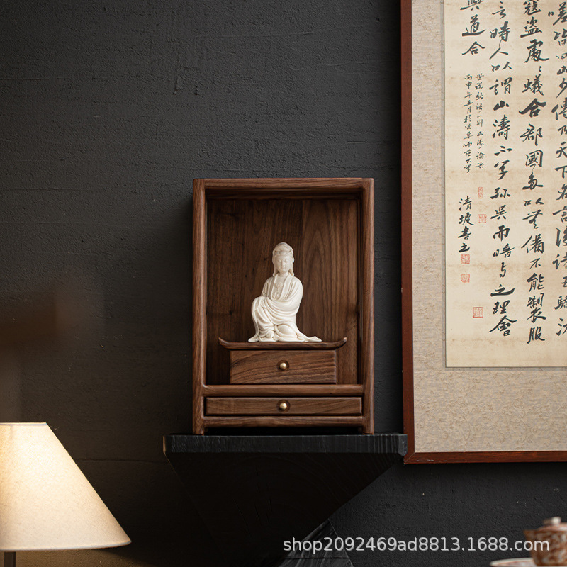 Walnut Small Mini Desktop High-End Buddhist Shrine Cabinet Altar for Guanyin, Bodhisattva, and God of Wealth