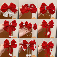 中国风新年头饰儿童红色大蝴蝶结流苏发卡后脑勺发夹汉服演出饰品