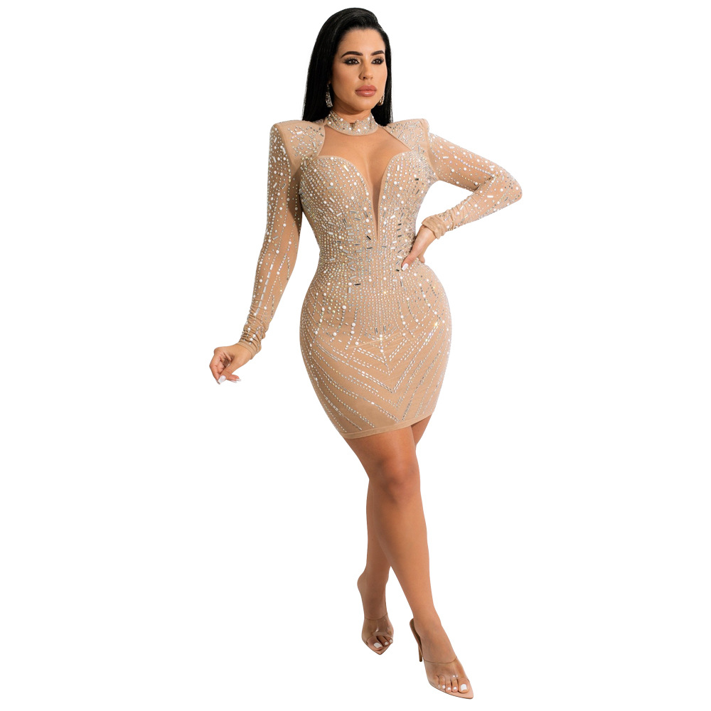 sexy perspective wrapped chest package hip with hot drilling dress nihaostyles wholesale clothing NSCYF84775