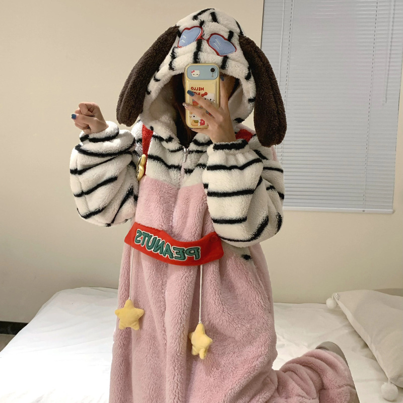可爱少女珊瑚绒史努比连体睡衣女2025年新款秋冬季加绒加厚家居服|undefined