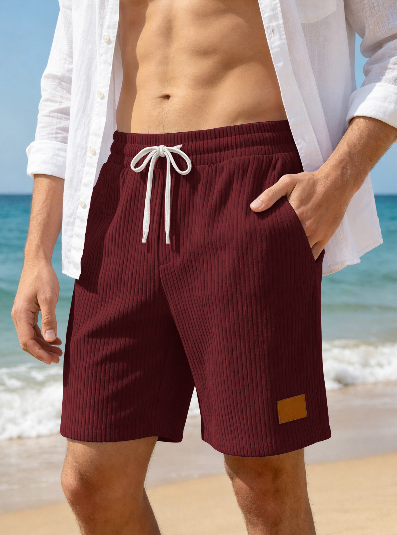 Europa y los Estados Unidos transfronterizos Amazon nuevo hombre retro bordado lámpara de cuero velcro cordón de moda pantalones cortos casuales estadounidenses