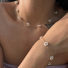 欧美珍珠小花项链跨境时尚钛钢项链腰链脚链套装镀金不锈钢保色